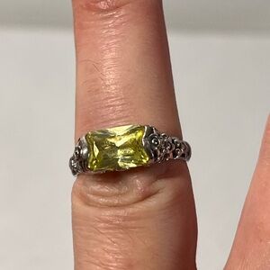 Sterling Silver Ring Yellow Gemstone Ornate Design. Size 6